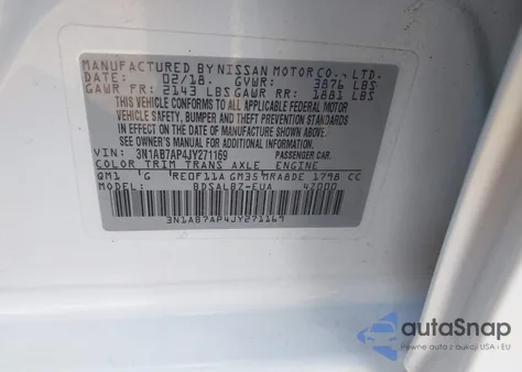2018 Nissan Sentra S z USA, uszkodzony, nr VIN 3N1AB7AP4JY271169